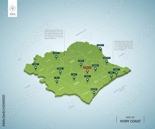 Stylized map of  Ivory Coast. Isometric 3D green map with cities, borders, capital Yamoussoukro, regions. Vector illustration. Editable layers clearly labeled. English language.