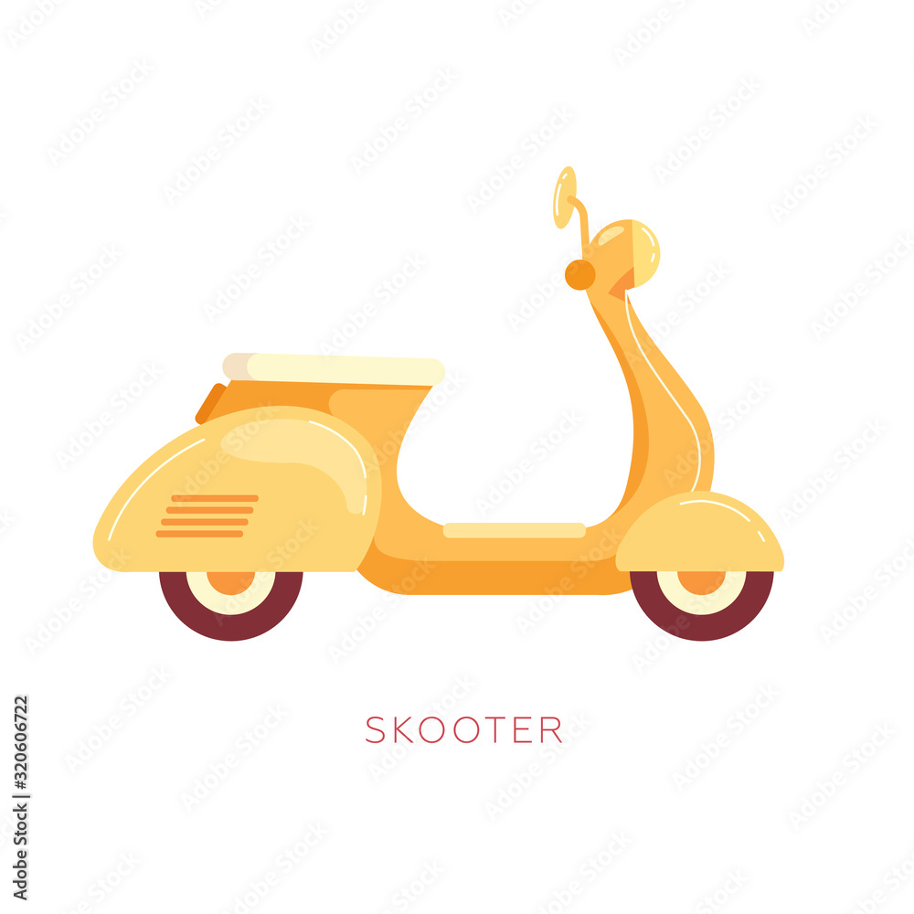 Vector illustration in flat design. Yellow scooter motorcycle. Fast and easy city transportation. White background isolated 