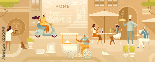 Travel illustration. Tourists and locals in Rome. Roman holiday. Italian street with view the Colosseum and Spanish Steps. Mouth of Truth, friendly dinner in the restaurant, Chef, bike with ice-cream