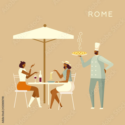 Italian cafe. Illustration of a pizzeria. Girlfriends have dinner in an Italian restaurant. Chef with pizza. Travel illustration in flat design. Vector, isolated
