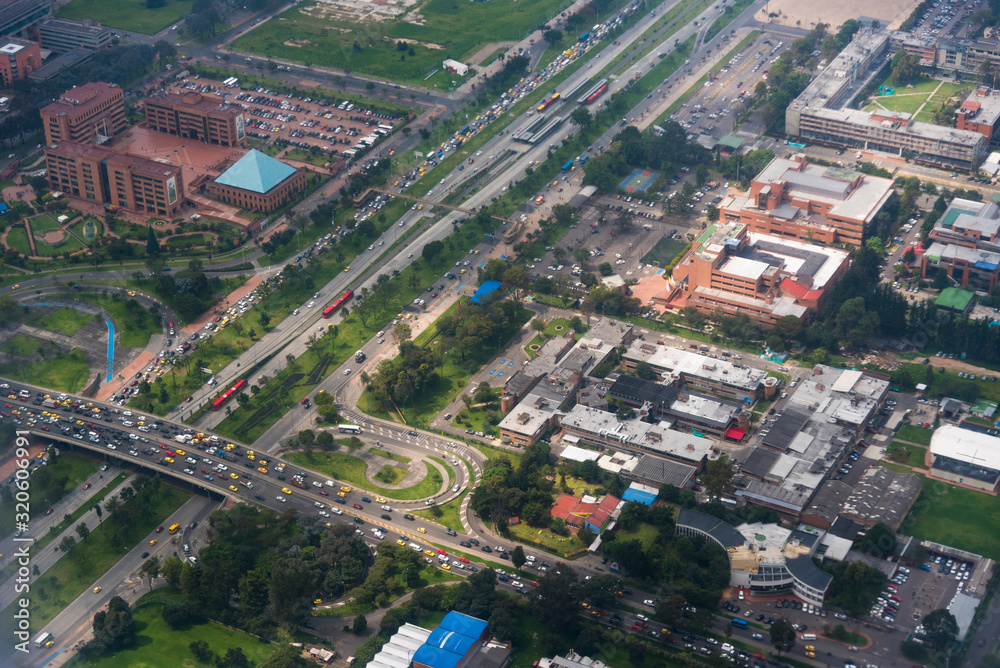 Aerial view of highway and bridges with traffic in Bogota. Colombia