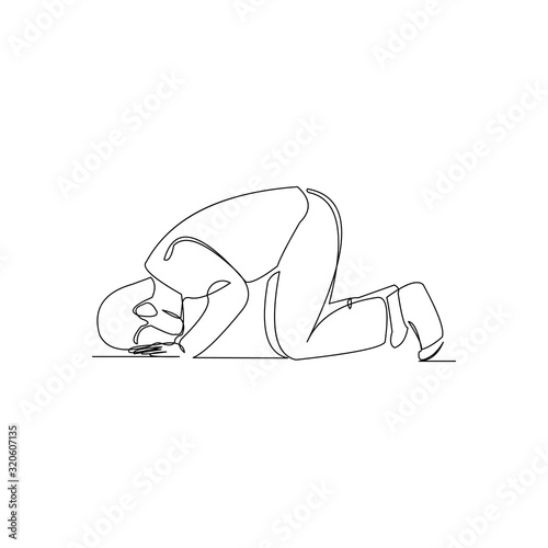 Continuous line drawing of islamic muslim man praying on sujud bow down gesture. Ramadan kareem and ied mubarak greeting card concept. Vector illustration.