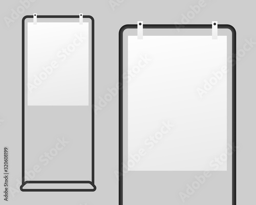 Realistic signage stand with blank white paper. Mockup for wedding or event. Mockup vector isolated. Template design. Realistic vector illustration.