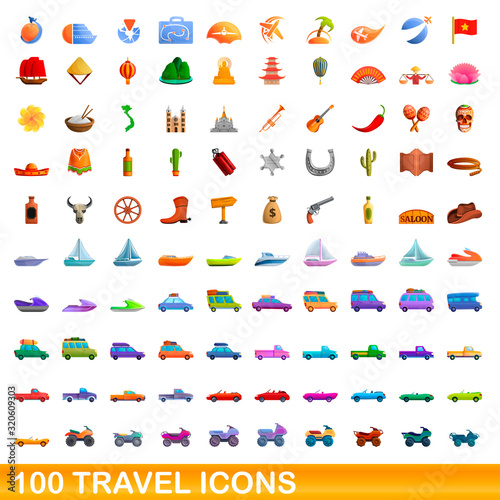 100 travel icons set. Cartoon illustration of 100 travel icons vector set isolated on white background © nsit0108
