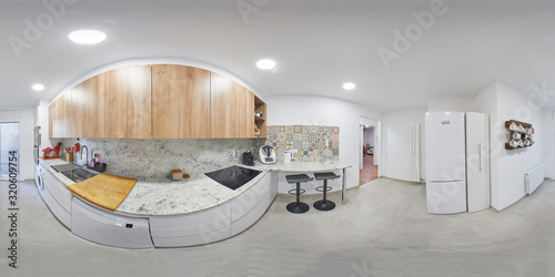 360 equirectangular photography, is a modern kitchen, with new appliances