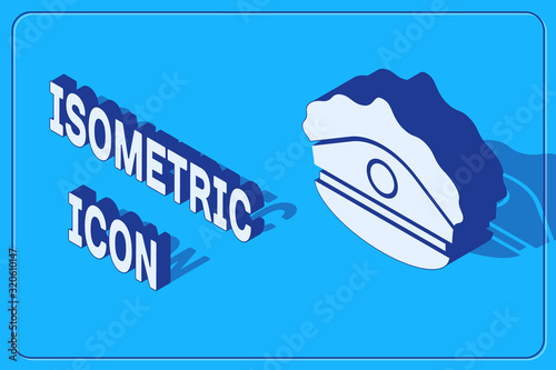 Isometric Police cap with cockade icon isolated on blue background. Police hat sign. Vector Illustration