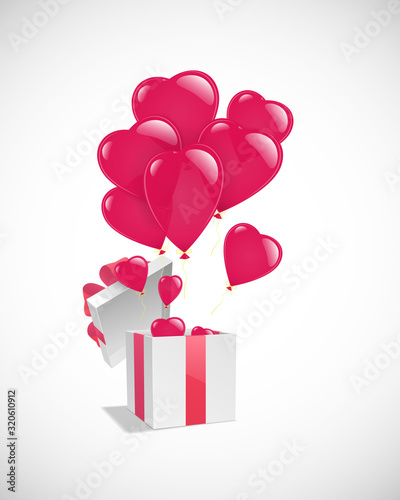 The vector illustration of a gift box and balloons is just on a white background.