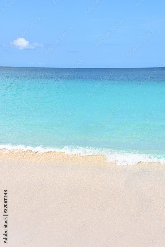 Sandy tropical beach and blue turquoise ocean water under blue sky
