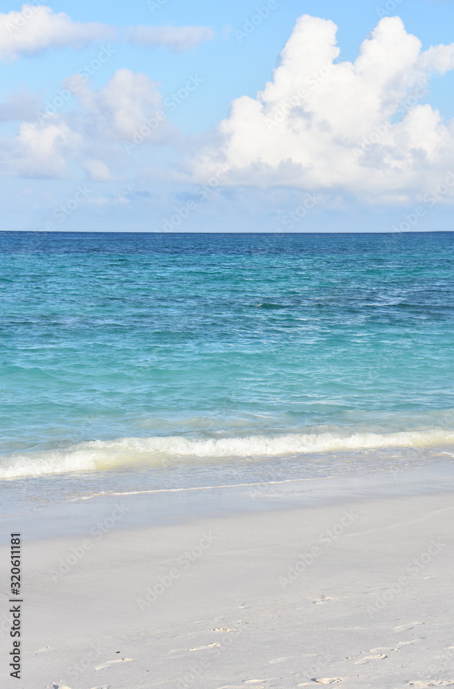 Sandy tropical beach and blue turquoise ocean water under blue sky