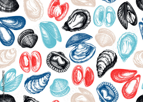 Hand drawn edible marine mollusks seamless pattern. Vector package, banner, flyer, menu, recipes design with realistic seafood elements. Cooked clams, oysters, cockles, mussels top view background.