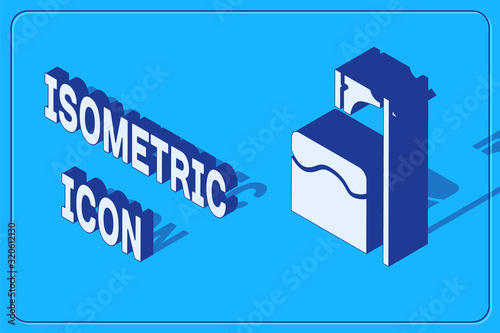 Isometric Executioner axe in tree block icon isolated on blue background. Hangman, torturer, executor, tormentor, butcher, headsman. Vector Illustration