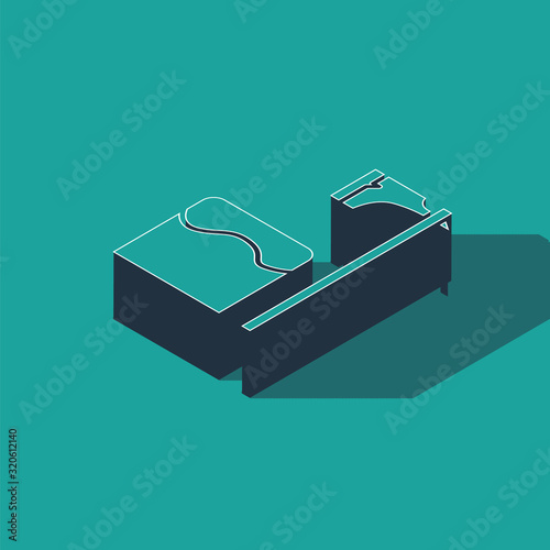 Isometric Executioner axe in tree block icon isolated on green background. Hangman, torturer, executor, tormentor, butcher, headsman. Vector Illustration