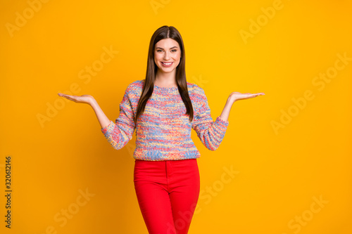 Portrait of positive confident cool girl promoter hold hand present choice decision advise recommend ads promo suggest select wear casual style pullover isolated over bright color background