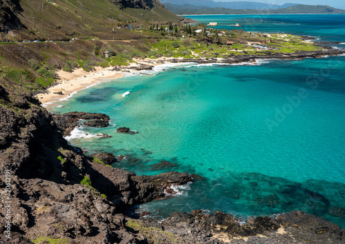 View down the East coastline of Oahu over Makapu'u beach towards Makai Pier