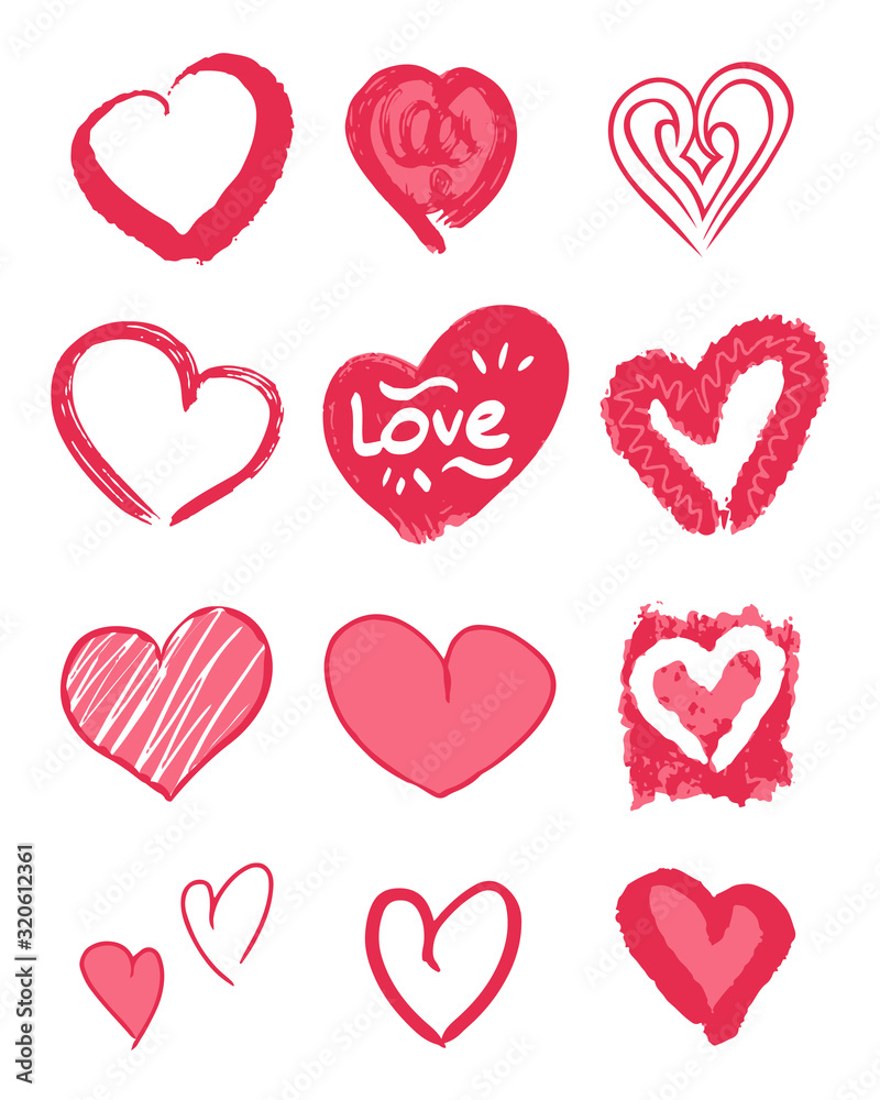 grunge style pink hearts collection for valentines decorations, stickers, prints, set of isolated icons, editable vector illustration