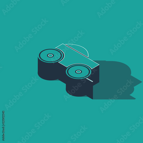Isometric Wooden four-wheel cart with hay icon isolated on green background. Vector Illustration