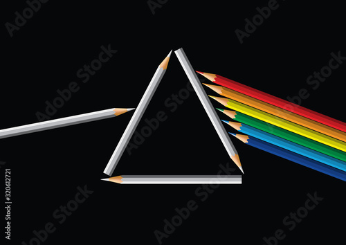 Concept optique d’un faisceau lumineux passant au travers d’un prisme symbolisé par des crayons aux couleurs de l’arc en ciel.