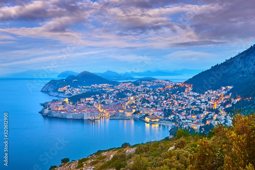 Beautiful aerial view at famous european travel destination in Croatia, Dubrovnik old town, Dalmatia, Europe. UNESCO list. Fort Bokar seen from south old walls on sunrise in dramatic light..