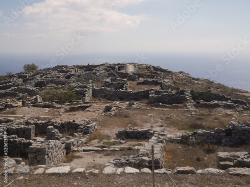 The ruins of the ancient city of Tehra on the plateau of Mesa Vouno mountain, on the island of Santorini, Greece.