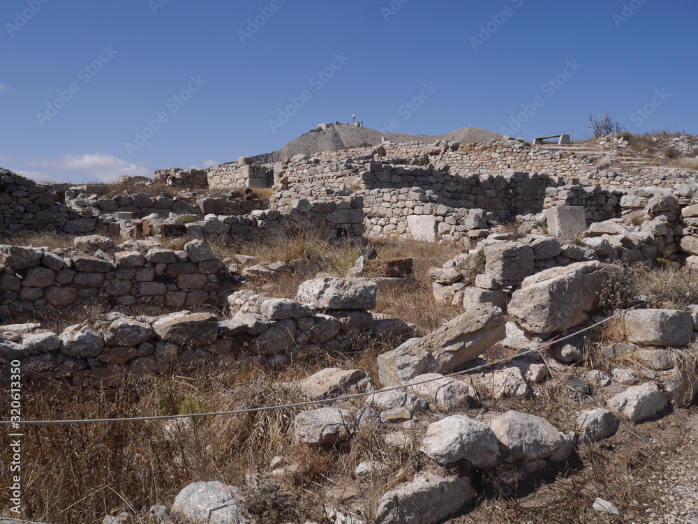 The ruins of the ancient city of Tehra on the plateau of Mesa Vouno mountain, on the island of Santorini, Greece.