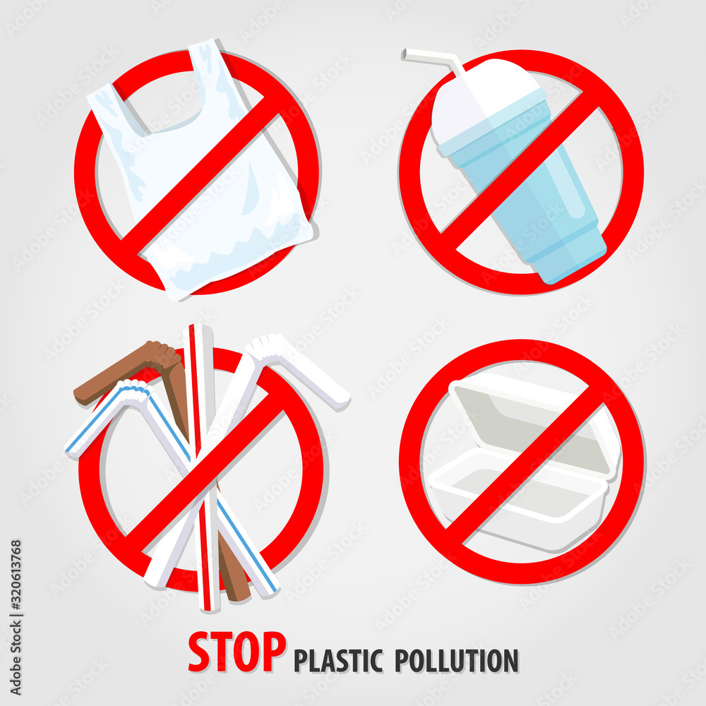 Stop using plastic pollution symbol pack. Say no to plastic and save the world concept. Icon set on light grey background. Flat vector illustration design. Reduce pollution bags, straw, and box. Stop using plastic pollution symbol pack. Say no to plastic and save the world concept. Icon set on light grey background. Flat vector illustration design. Reduce pollution bags, straw, and box.