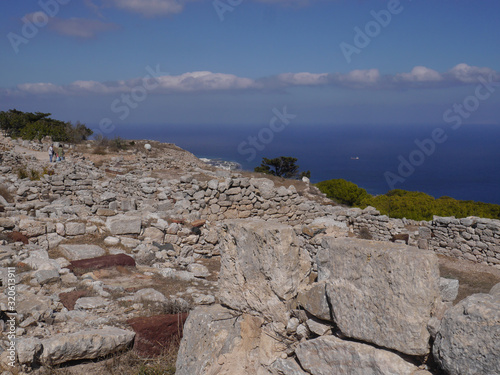 The ruins of the ancient city of Tehra on the plateau of Mesa Vouno mountain  on the island of Santorini  Greece.