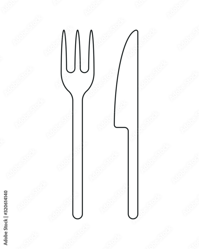 Fork and knife icon symbol. Simple shape restaurant logo. Outline silhouette isolated on white background. Fork and knife icon symbol. Simple shape restaurant logo. Outline silhouette isolated on white background.