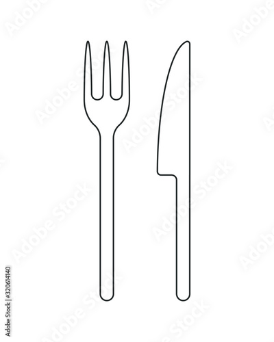 Fork and knife icon symbol. Simple shape restaurant logo. Outline silhouette isolated on white background.