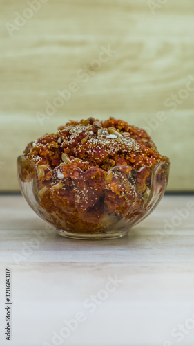 Gajar ka halwa, also known as gajorer halua, Gajrela, Gajar Pak, and Carrot halwa is a carrot-based sweet dessert pudding from the Indian subcontinent. photo