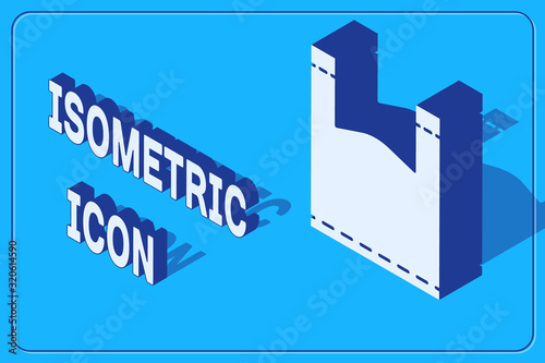 Isometric Plastic bag icon isolated on blue background. Disposable cellophane and polythene package prohibition sign. Vector Illustration