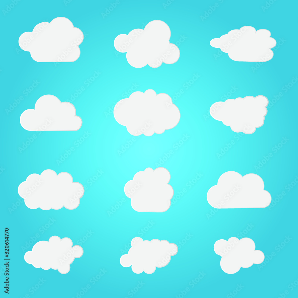 A selection of clouds of different shapes and sizes on a sky background.