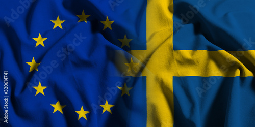 National flag of Sweden with European Union (EU) flag on a waving cotton texture background