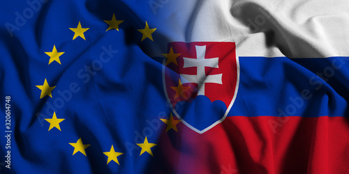National flag of Slovakia with European Union (EU) flag on a waving cotton texture background