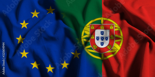 National flag of Portugal with European Union (EU) flag on a waving cotton texture background