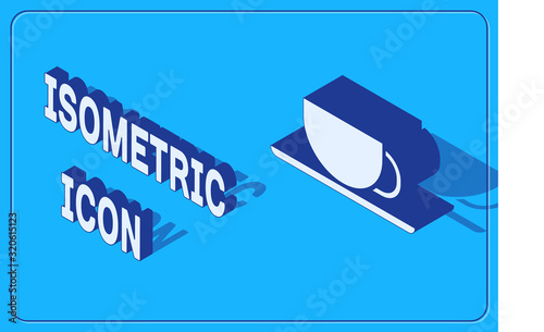 Isometric Coffee cup icon isolated on blue background. Tea cup. Hot drink coffee. Vector Illustration