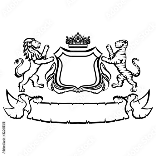 Illustration with coat of arms with lion and tiger.Tattoo design element. Heraldry and logo concept art.