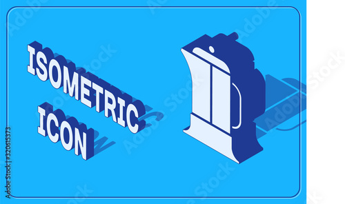 Isometric French press icon isolated on blue background. Vector Illustration