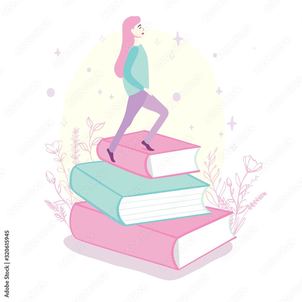 Young woman reading a book sitting at the desk with piles of books. Student girl at the library. Flat style vector illustration isolated on white background. Young woman reading a book sitting at the desk with piles of books. Student girl at the library. Flat style vector illustration isolated on white background.