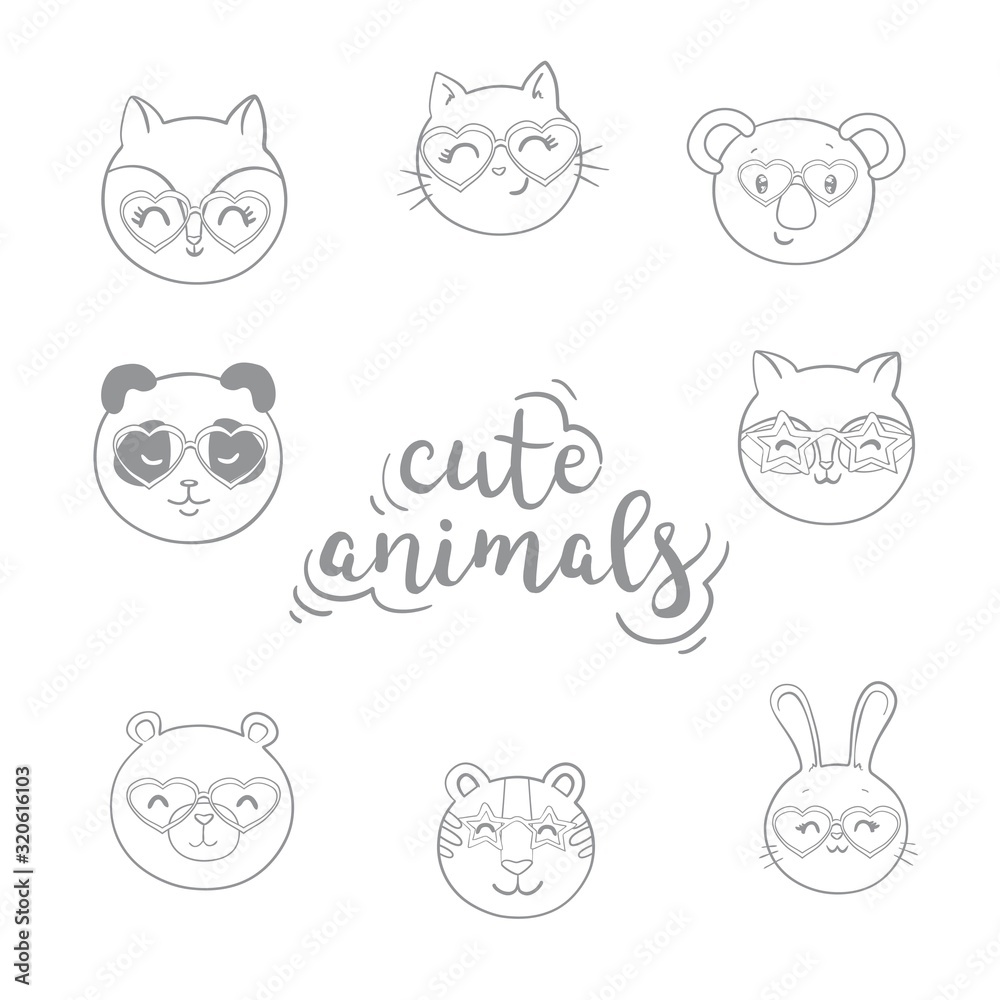 Set of cute animals face in funny glasses and with decorative elements. Vector illustration