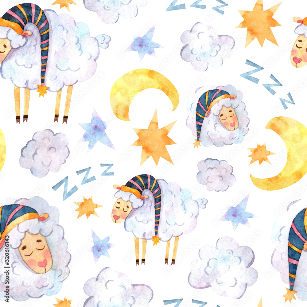 Seamless watercolor pattern with sleeping lambs in striped caps, multi-colored stars and the moon is suitable for fabric, printing, wallpaper, baby clothes and textiles, souvenirs, covers and scrapboo
