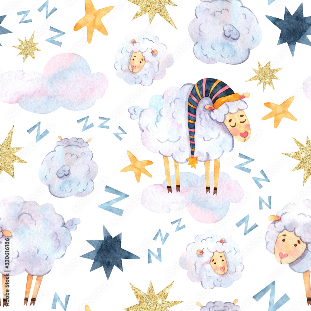 Seamless watercolor pattern with sleeping sheep in caps, multi-colored stars and lumps of wool is suitable for fabric, printing, wallpaper, baby clothes and textiles, souvenirs, covers and scrapbook p Seamless watercolor pattern with sleeping sheep in caps, multi-colored stars and lumps of wool is suitable for fabric, printing, wallpaper, baby clothes and textiles, souvenirs, covers and scrapbook p