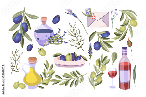 Olive, wine and lavender plant isolated vector set. Mediterranean and Provence organic nature and oil flat collection. Food and flowers icon symbols.