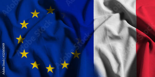 National flag of France with European Union (EU) flag on a waving cotton texture background