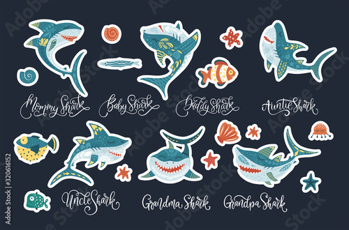 Happy shark flat vector sticker set with lettering text quotes . Underwater fish animal family cute collection in a flat style. Baby, mommy, daddy, sister and brother shark doo doo doo.