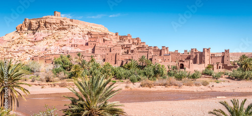 Panorama of fortified village and palm trees, Ait Benhaddou, Morocco