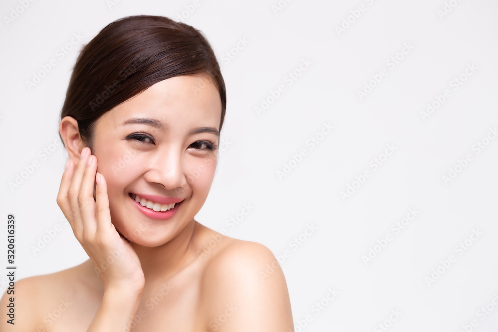 Portrait of beauty Asian woman clear healthy perfect skin isolated on white background. Beauty clinic facial treatment skincare concept Portrait of beauty Asian woman clear healthy perfect skin isolated on white background. Beauty clinic facial treatment skincare concept