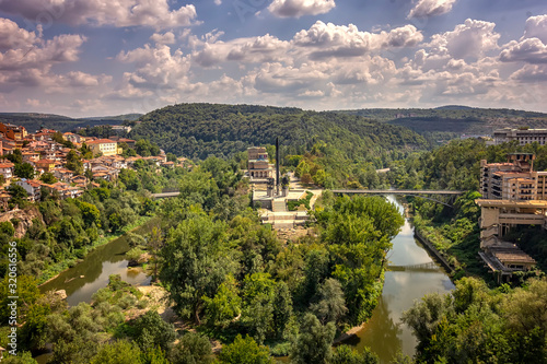 Veliko Tarnovo, Bulgaria - August 30, 2016: Panoramic view of the State Art Gallery Boris Denev and the Asenovtsi memorial in the city of Veliko Tarnovo, Bulgaria