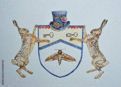 Ficticious Heraldic Shield - Coat of Arms  with steam punk theme in a pointillist style  with Moth Keys a top hat and 2 Hares photo