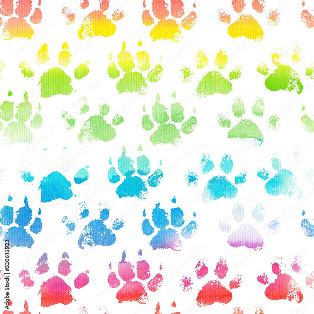 Animal footprint seamless pattern with watercolor rainbow paws. Animal footprint seamless pattern with watercolor rainbow paws.
