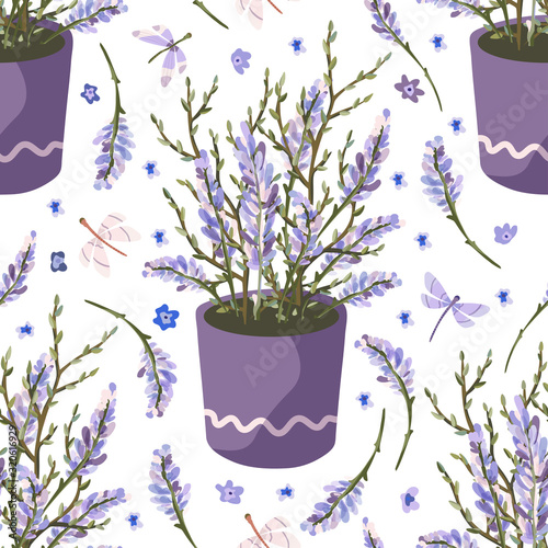 Provence seamless vector vintage pattern in a flat style. Lavender blossom flower summer art. Bouquet, basket, vase ornament with butterfly on a white background.